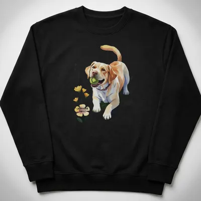 Colorful illustration of a smiling Labrador dog surrounded by flowers and text — printed on a unisex sweatshirt