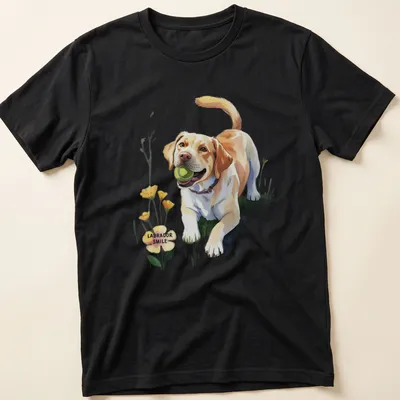 Colorful illustration of a smiling Labrador dog surrounded by flowers and text