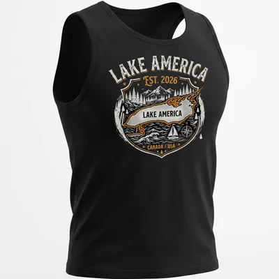 Vintage badge Lake America t-shirt with black, orange, and white text — printed on a tank top