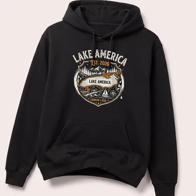 Vintage badge Lake America t-shirt with black, orange, and white text — printed on a unisex hoodie