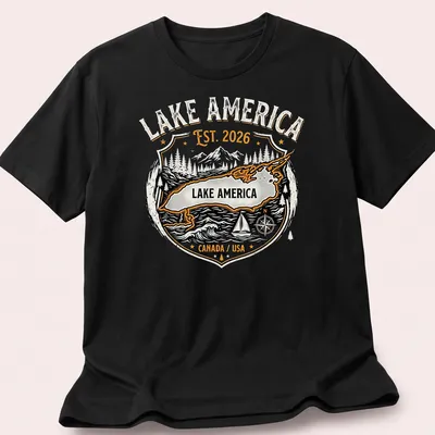 Vintage badge Lake America t-shirt with black, orange, and white text