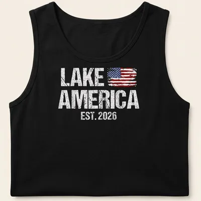 Distressed American flag graphic with 'Lake America Est. 2026' text — printed on a tank top