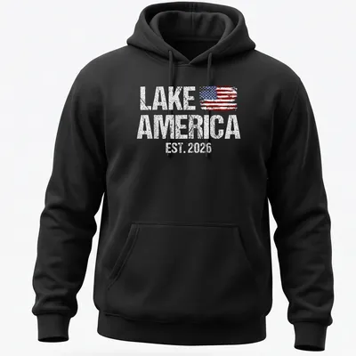 Distressed American flag graphic with 'Lake America Est. 2026' text — printed on a unisex hoodie