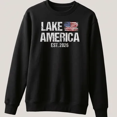 Distressed American flag graphic with 'Lake America Est. 2026' text — printed on a unisex sweatshirt