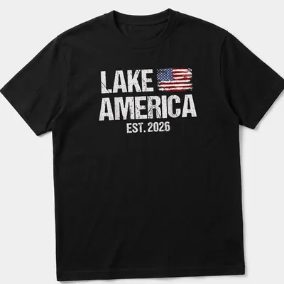 Distressed American flag graphic with 'Lake America Est. 2026' text