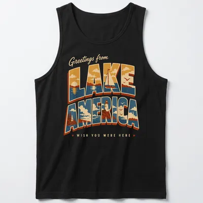 Vintage retro t-shirt with Lake America scene featuring a lighthouse and sailboat — printed on a tank top