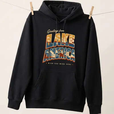 Vintage retro t-shirt with Lake America scene featuring a lighthouse and sailboat — printed on a unisex hoodie