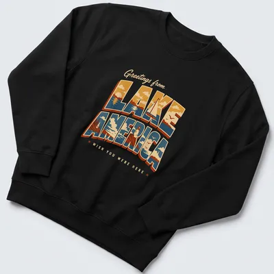 Vintage retro t-shirt with Lake America scene featuring a lighthouse and sailboat — printed on a unisex sweatshirt