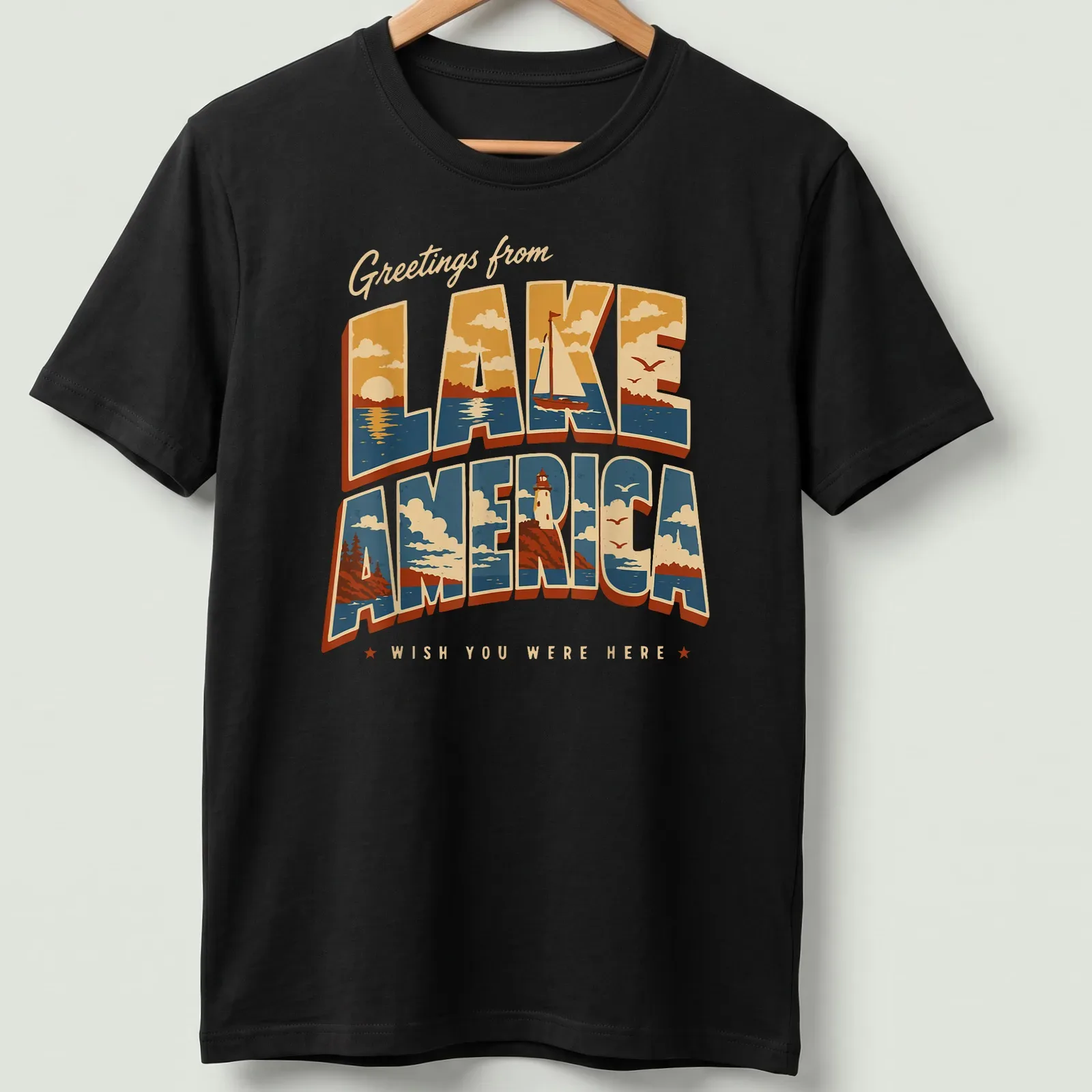 Vintage retro t-shirt with Lake America scene featuring a lighthouse and sailboat — printed on a unisex t-shirt