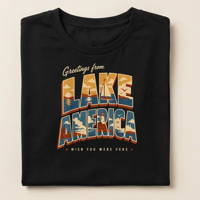 Vintage retro t-shirt with Lake America scene featuring a lighthouse and sailboat — printed on a women's shirt