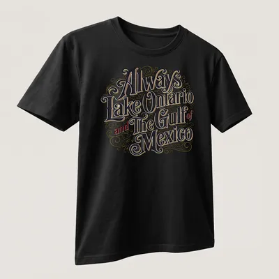 Vintage decorative shirt featuring Lake Ontario and the Gulf of Mexico — printed on a unisex t-shirt (angled view)