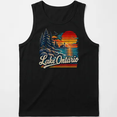 Vintage landscape t-shirt featuring Lake Ontario Est 1615 in warm colors — printed on a tank top