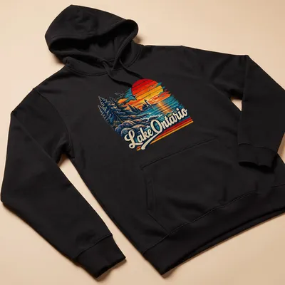 Vintage landscape t-shirt featuring Lake Ontario Est 1615 in warm colors — printed on a unisex hoodie