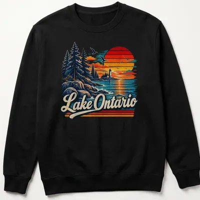 Vintage landscape t-shirt featuring Lake Ontario Est 1615 in warm colors — printed on a unisex sweatshirt