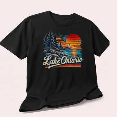 Vintage landscape t-shirt featuring Lake Ontario Est 1615 in warm colors — printed on a unisex t-shirt (angled view)