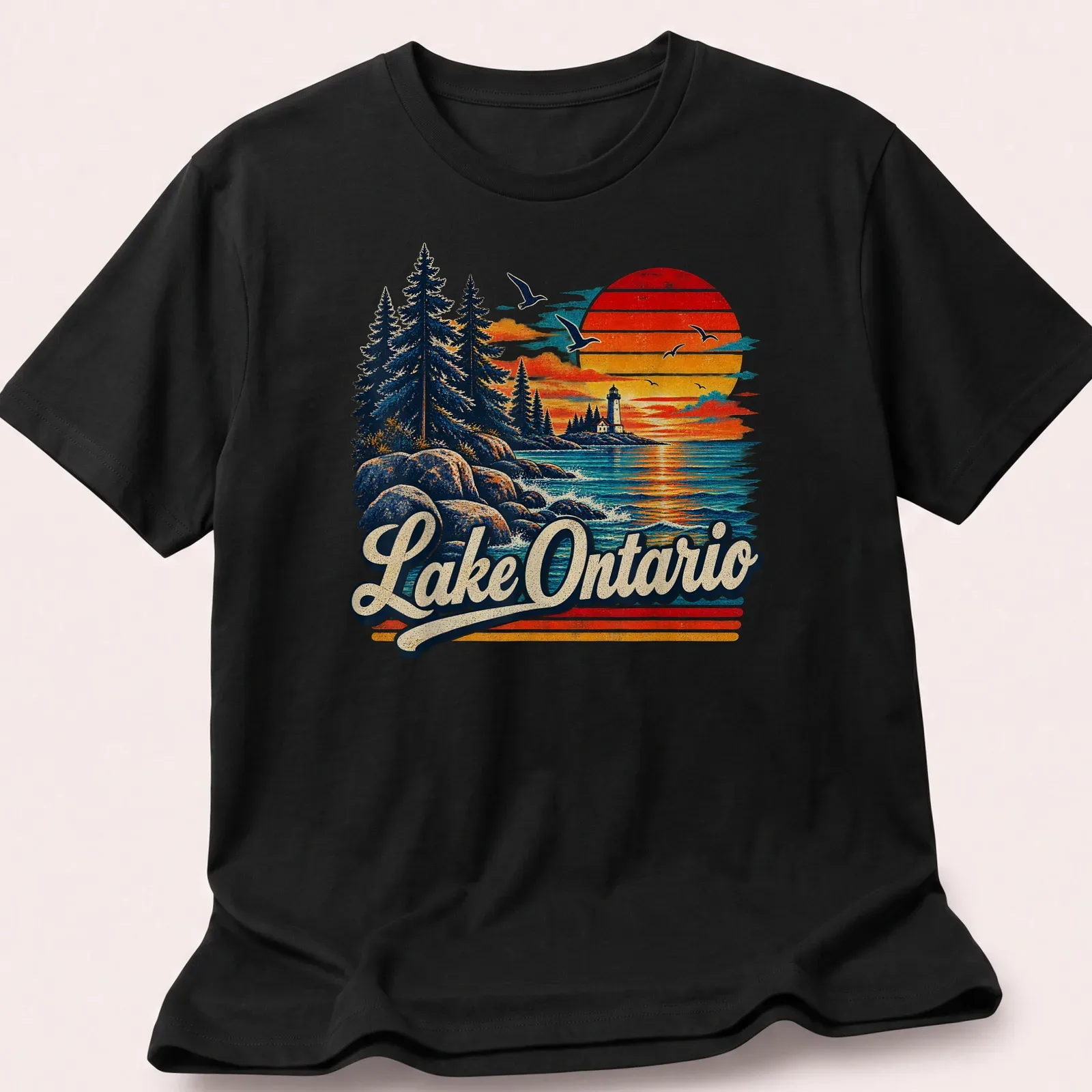 Vintage landscape t-shirt featuring Lake Ontario Est 1615 in warm colors — printed on a unisex t-shirt