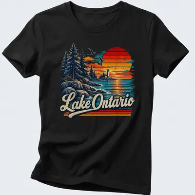 Vintage landscape t-shirt featuring Lake Ontario Est 1615 in warm colors — printed on a women's shirt