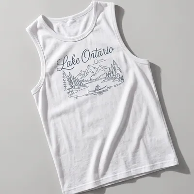 Line-art graphic of a canoeing scene on Lake Ontario in blue and white — printed on a tank top