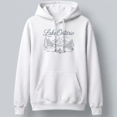 Line-art graphic of a canoeing scene on Lake Ontario in blue and white — printed on a unisex hoodie
