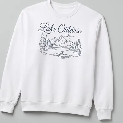 Line-art graphic of a canoeing scene on Lake Ontario in blue and white — printed on a unisex sweatshirt