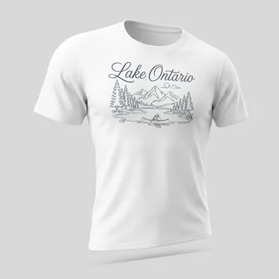Line-art graphic of a canoeing scene on Lake Ontario in blue and white — printed on a unisex t-shirt (angled view)
