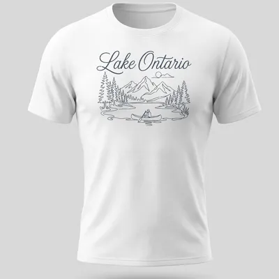 Line-art graphic of a canoeing scene on Lake Ontario in blue and white
