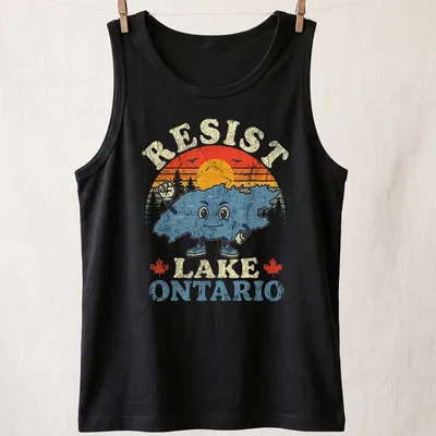 Retro distressed shirt featuring Lake Ontario character with colorful sunset design — printed on a tank top