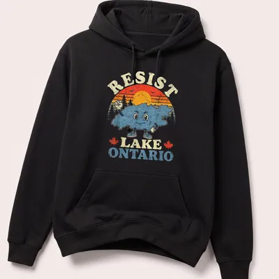 Retro distressed shirt featuring Lake Ontario character with colorful sunset design — printed on a unisex hoodie