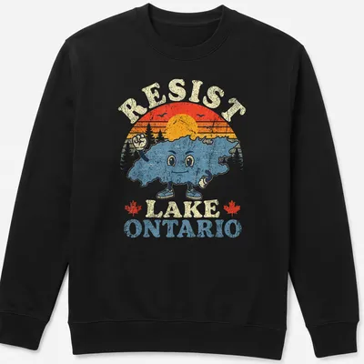 Retro distressed shirt featuring Lake Ontario character with colorful sunset design — printed on a unisex sweatshirt