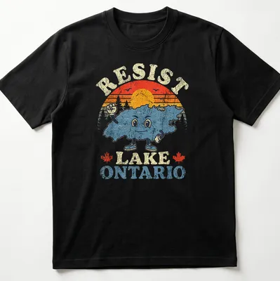 Retro distressed shirt featuring Lake Ontario character with colorful sunset design