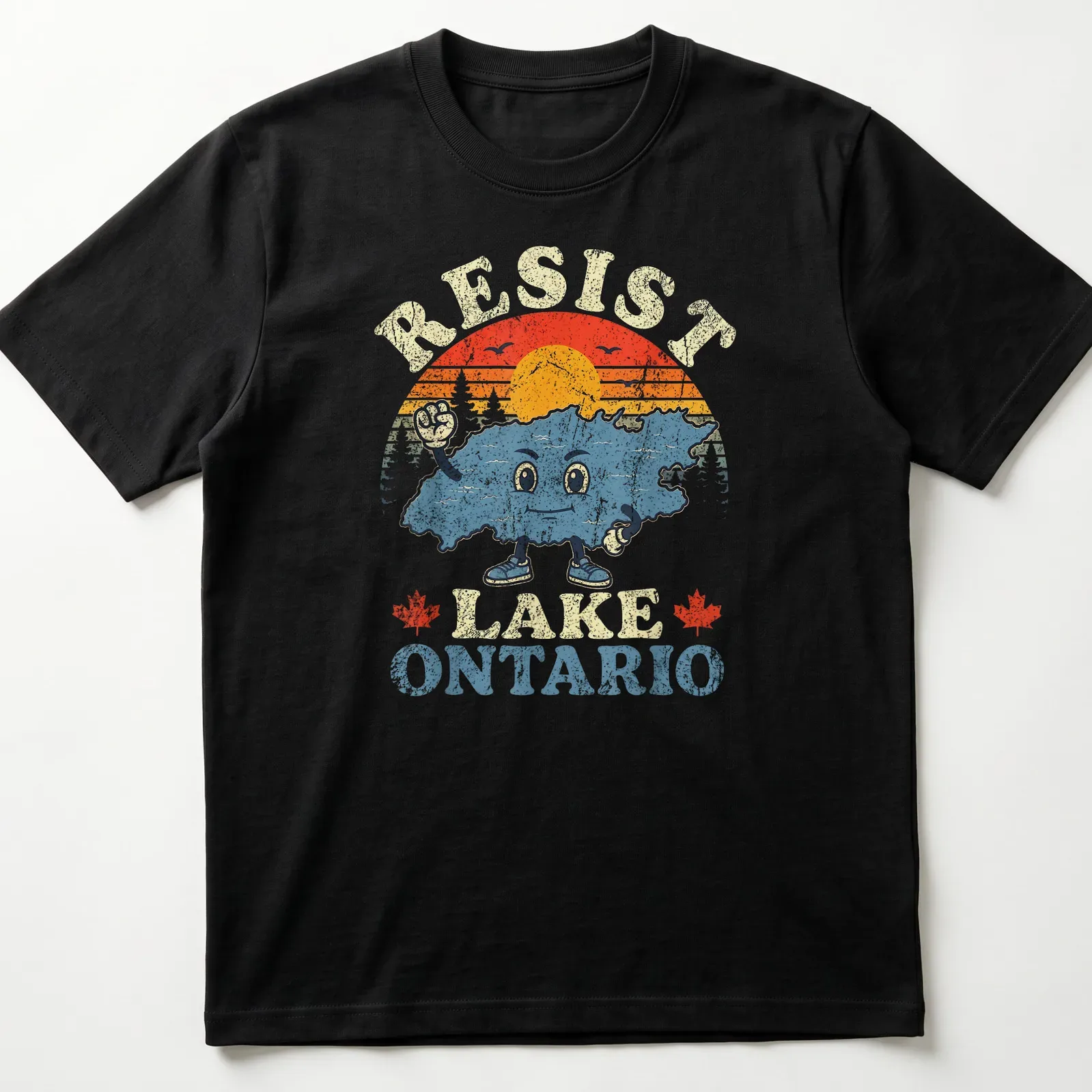 Retro distressed shirt featuring Lake Ontario character with colorful sunset design — printed on a unisex t-shirt