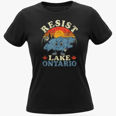 Retro distressed shirt featuring Lake Ontario character with colorful sunset design — printed on a women's shirt