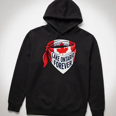 Cartoonish bandana design featuring the Canadian flag with Lake Ontario Forever text — printed on a unisex hoodie