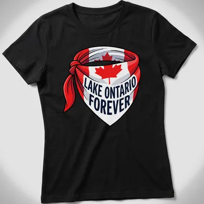 Cartoonish bandana design featuring the Canadian flag with Lake Ontario Forever text — printed on a women's shirt