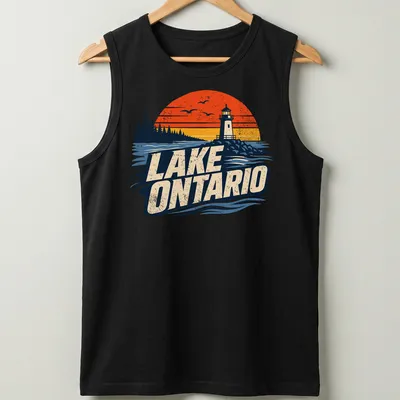 Vintage sunset print of Lake Ontario with a lighthouse in orange and navy — printed on a tank top
