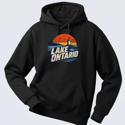 Vintage sunset print of Lake Ontario with a lighthouse in orange and navy — printed on a unisex hoodie
