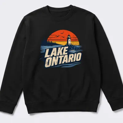 Vintage sunset print of Lake Ontario with a lighthouse in orange and navy — printed on a unisex sweatshirt
