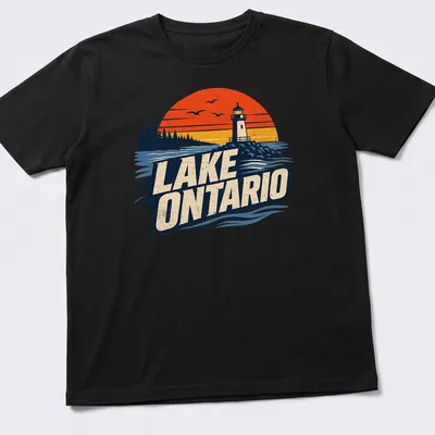 Vintage sunset print of Lake Ontario with a lighthouse in orange and navy