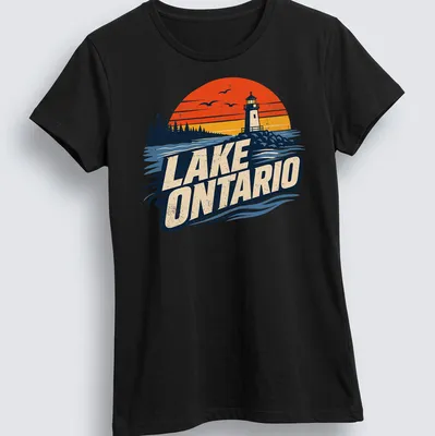 Vintage sunset print of Lake Ontario with a lighthouse in orange and navy — printed on a women's shirt