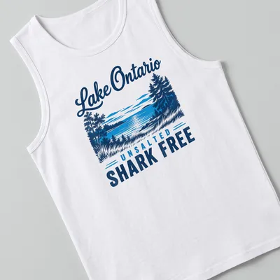 Vintage landscape print of Lake Ontario with text 'Lake Ontario UNSALTED SHARK FREE' — printed on a tank top