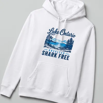 Vintage landscape print of Lake Ontario with text 'Lake Ontario UNSALTED SHARK FREE' — printed on a unisex hoodie
