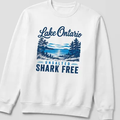 Vintage landscape print of Lake Ontario with text 'Lake Ontario UNSALTED SHARK FREE' — printed on a unisex sweatshirt