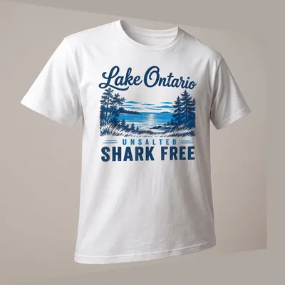 Vintage landscape print of Lake Ontario with text 'Lake Ontario UNSALTED SHARK FREE' — printed on a unisex t-shirt (angled view)