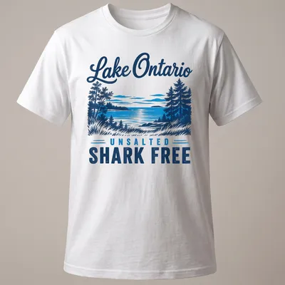 Vintage landscape print of Lake Ontario with text 'Lake Ontario UNSALTED SHARK FREE'