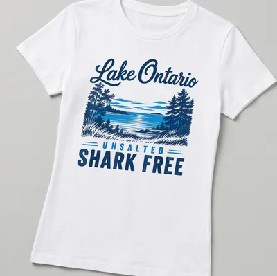 Vintage landscape print of Lake Ontario with text 'Lake Ontario UNSALTED SHARK FREE' — printed on a women's shirt