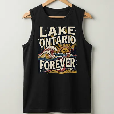 Vintage style T-shirt featuring waves and sun with Lake Ontario Forever text — printed on a tank top