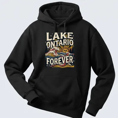 Vintage style T-shirt featuring waves and sun with Lake Ontario Forever text — printed on a unisex hoodie