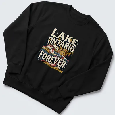 Vintage style T-shirt featuring waves and sun with Lake Ontario Forever text — printed on a unisex sweatshirt