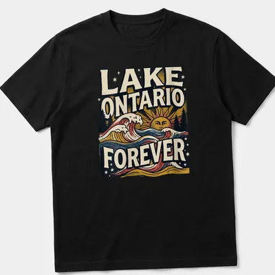 Vintage style T-shirt featuring waves and sun with Lake Ontario Forever text
