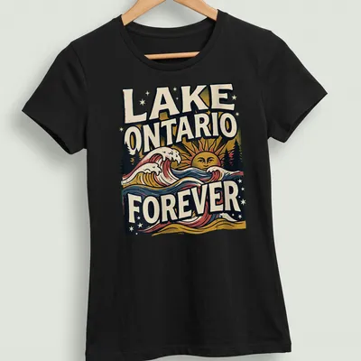 Vintage style T-shirt featuring waves and sun with Lake Ontario Forever text — printed on a women's shirt